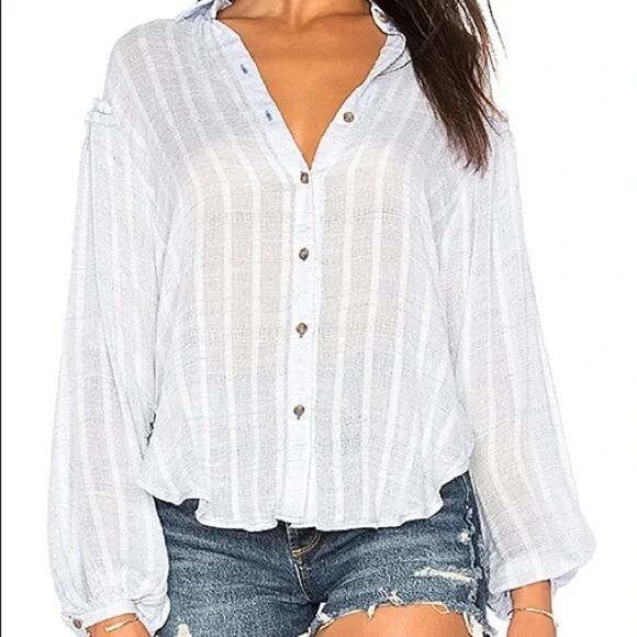 Free People Blue White Stripe Headed to the Highlands Button Up Top Size Medium - Picture 1 of 8